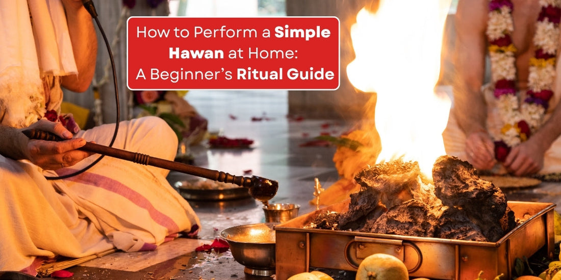 Indoor Hindu Hawan ritual with fire, offerings, and garlands.