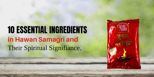Hawan Samagri pack with text on spiritual ingredients