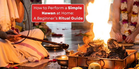 Indoor Hindu Hawan ritual with fire, offerings, and garlands.