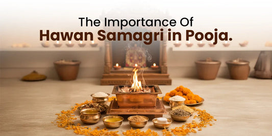 Sacred Hawan setup with fire, Samagri, and deity altar.