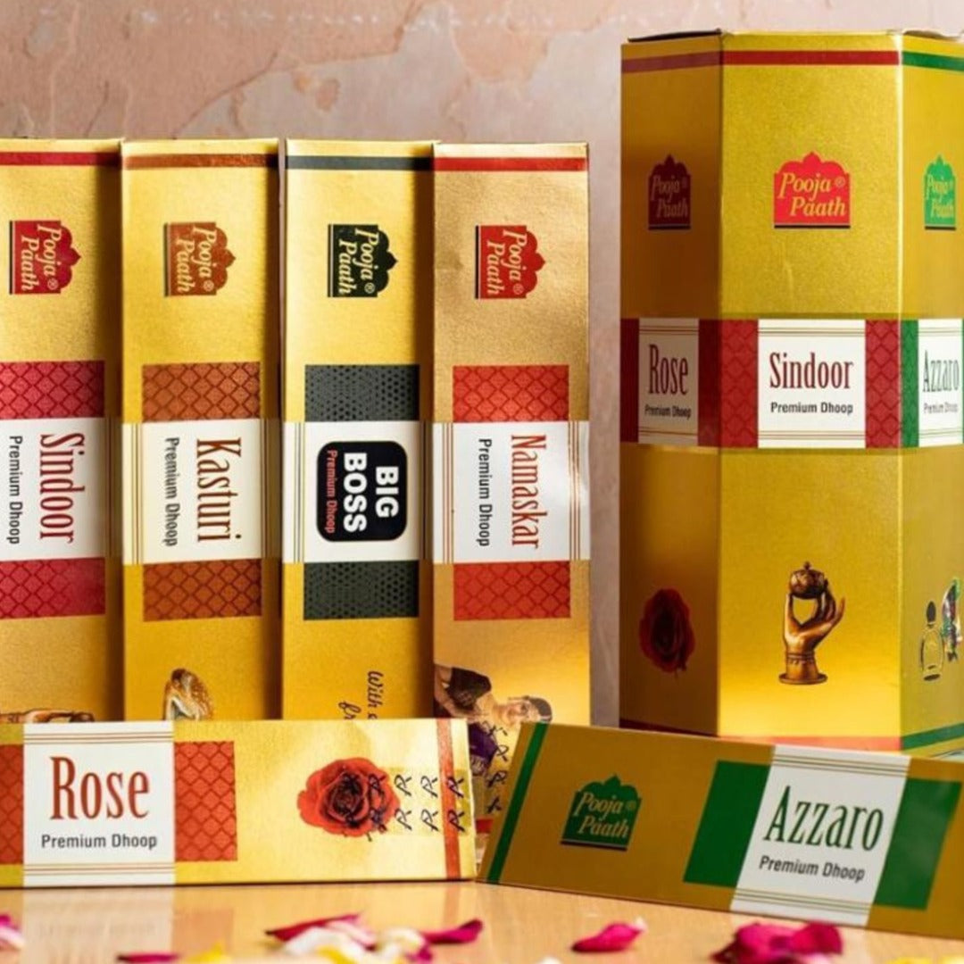 Pooja Paath Premium 8 Inch Dry Sticks Combo - Rose, Azzaro, Kasturi, Sindoor, Big Boss, Namaskar Blended Dhoop 2 Hours 54 Sticks DRY DHOOP Box
