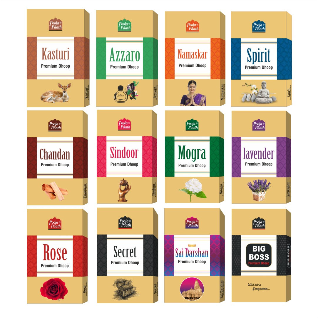 Pooja Paath Premium 4 Inch Dry Sticks Combo - Sai Darshan, Chandan, Spirit, Mogra, Lavendar, Secret, Rose, Azzaro, Kasturi, Sindoor, Big Boss, Namaskar Blended Dhoop 35 min 108 Sticks DRY DHOOP Box