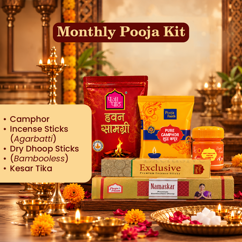 Monthly Pooja Kits - Dry Dhoop Sticks 6 Fragrance + Exclusive Premium Incense +  Ashtagandha Kesar Chandan + Camphor (Kapoor) 50gm + Hawan Samagari Free