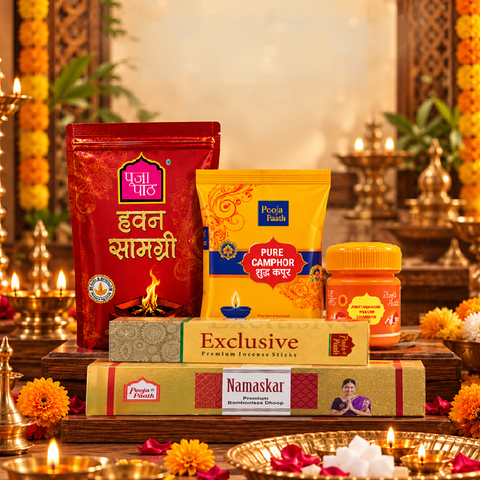 Monthly Pooja Kits - Dry Dhoop Sticks 6 Fragrance + Exclusive Premium Incense +  Ashtagandha Kesar Chandan + Camphor (Kapoor) 50gm + Hawan Samagari Free