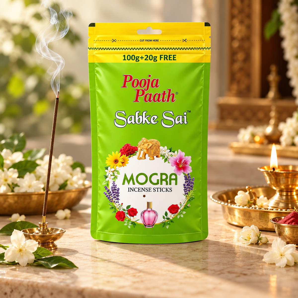 Sabke Sai Mogra Incense Sticks - 100g + 20g Free Pack (Zipper Pouch) - 6 Pack