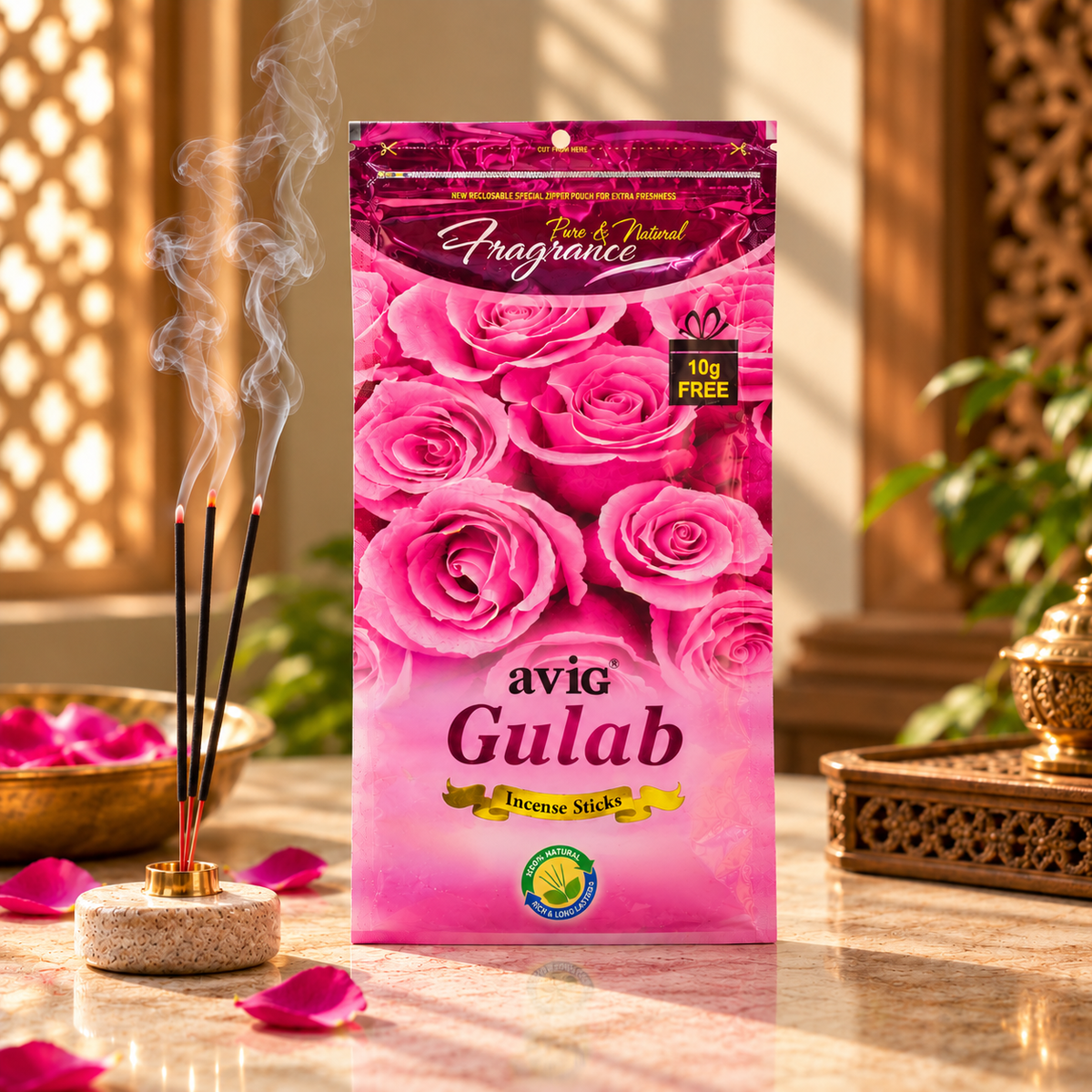 Rose Agarbatti Zipper Packing - 6 Pack - 9 Inch - 100 gm